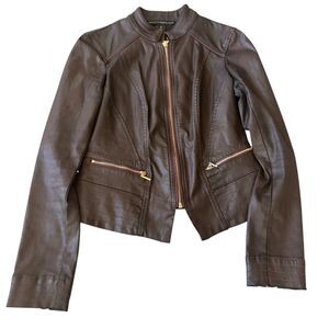 White House Black Market Coated Moto Jacket Womens 00 Dark Brown Classic Zip Up